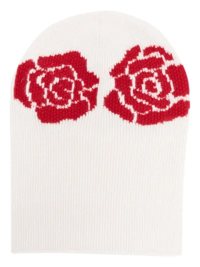 Barrie Cashmere Beanie With Roses Motifs In White