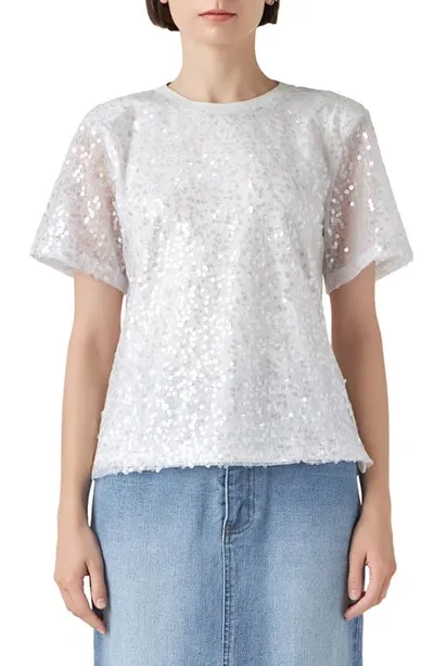 Grey Lab Sequin Padded Shoulder Back Cutout Top In White