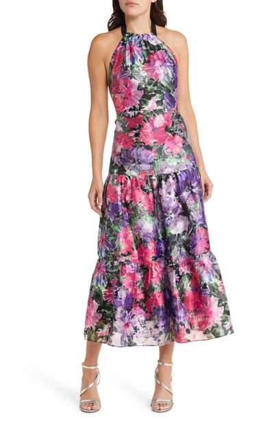 Milly Lilliana Floating Petals Halter Neck Dress In Purple Multi