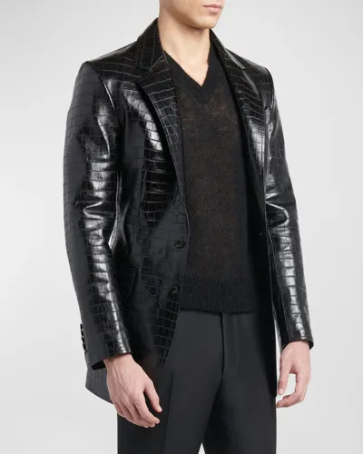 Tom Ford Men's Croc-printed Leather Blazer In Black