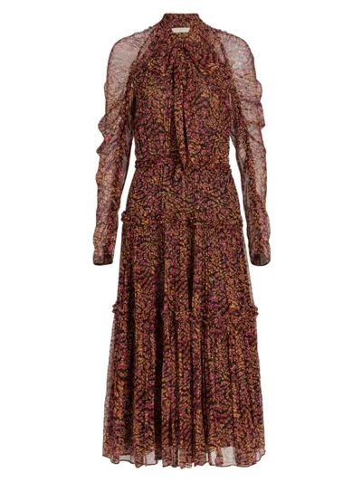 Ulla Johnson Idalia Metallic Thread Floral Long Sleeve Silk Dress In Pomegranate