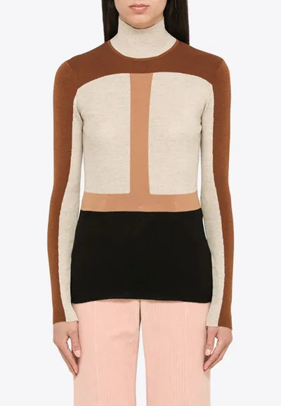 Chloé Colorblock Wool Intarsia Turtleneck Sweater In Multicolor Brown