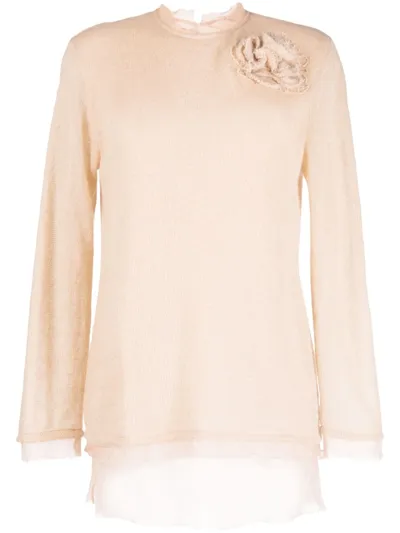 Ermanno Scervino Floral-appliqué Ribbed-knit Layered Jumper In Beige