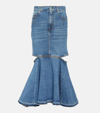 Alexander Mcqueen Slashed Denim Skirt In Stone Washed