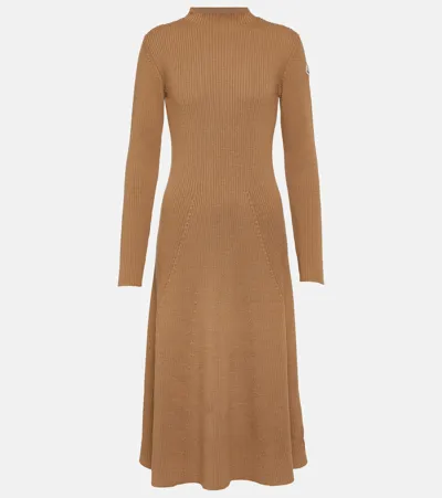 Moncler Ribbed Knit Wool Midi Dress In Camel