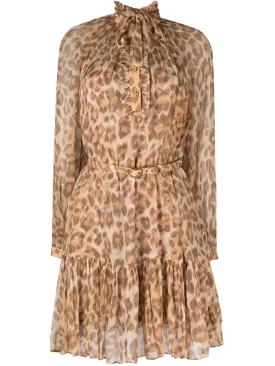 Zimmermann Leopard-print Belted-waist Minidress In Brown