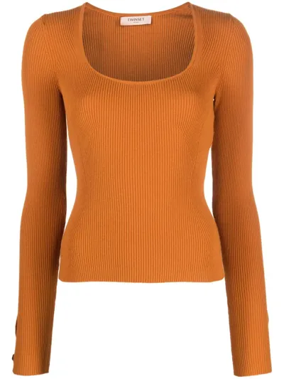 Twinset Scoop-neck Ribbed-knit Top In Orange