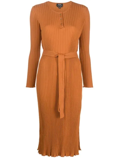 Apc Sandi Ribbed Knit Dress In Brown