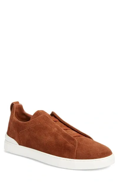 Zegna Triple Stitch Leather Low-top Sneakers In Tan