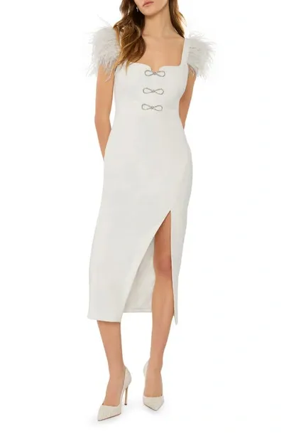 Likely Rizzo Crystal Bow Feather Trim Midi Dress In White