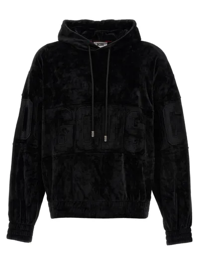 Gcds Logo-patch Velvet Hoodie In Negro