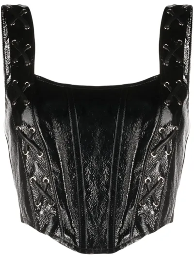 Alessandra Rich Leather Lace-up Bustier Top In Black