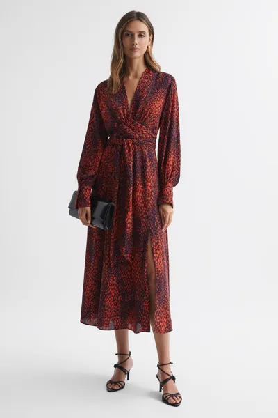 Reiss Red Animal Print Blouson Sleeve Midi Dress