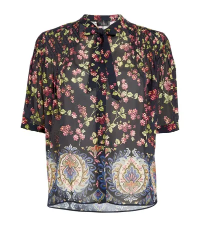 Etro Berry-print Puff-sleeve Neck-tie Silk Top In Blue