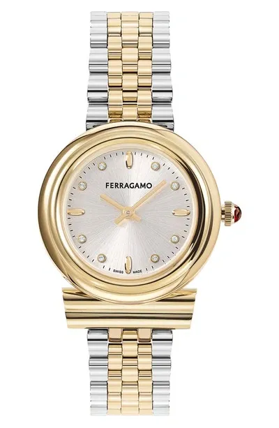 Ferragamo Women's Gancini Diamond & Two-toned Stainless Steel Bracelet Watch/28mm In Two Tone