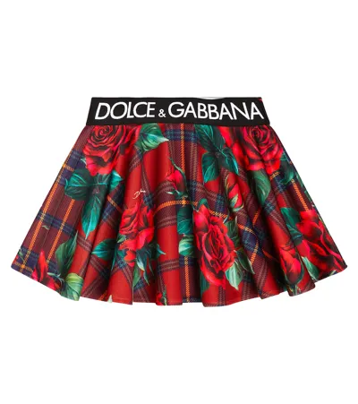 Dolce & Gabbana Kids' Scuba Circle Skirt With Branded Elasticated Waistband In Tartan Rose