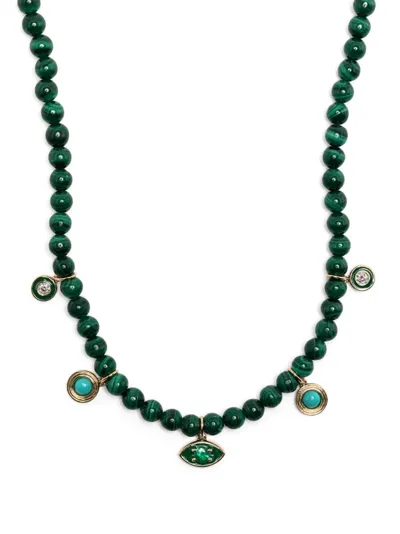 Sydney Evan 14kt Yellow Gold Malachite And Diamond Beaded Necklace In Green