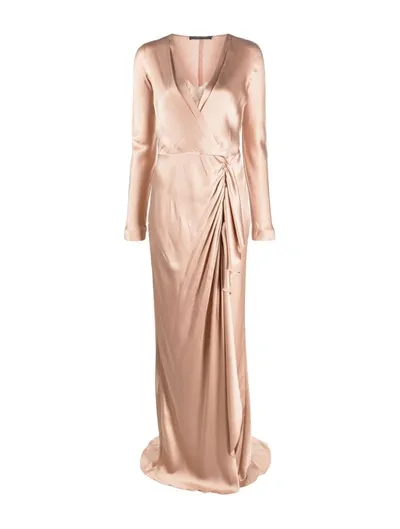 Alberta Ferretti Draped Wrap-effect Satin Maxi Dress In Pink & Purple