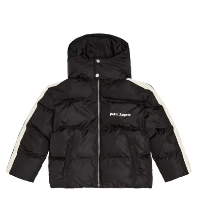 Palm Angels Kids' Logo-print Hooded Puffer Jacket In Black White