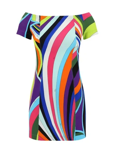 Pucci Printed Off-shoulder Mini Dress In Turchese/viola