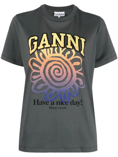 Ganni Basic Flower Print Cotton T-shirt In Volcanic Ash