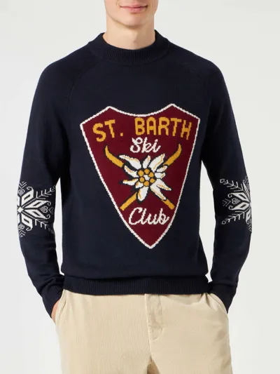 Mc2 Saint Barth Man Half-turtleneck Navy Blue Sweater With Print