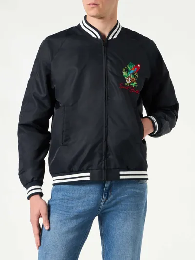 Mc2 Saint Barth Man Blue Navy Jacket With Parrots Embroidery