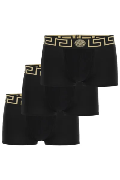 Versace Men's 3-pack Low Rise Greca Trunk In Black/gold Greek