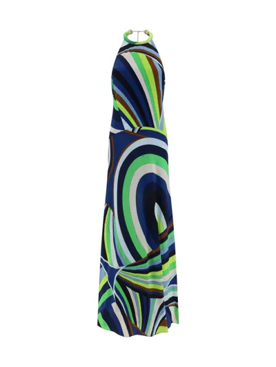 Pucci Printed Halterneck Maxi Dress In Verde/avio