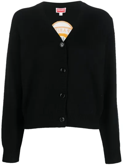 Kenzo Boke Flower Embroidered Knit Cardigan In Black