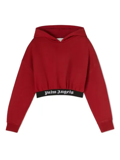 Palm Angels Kids' Cropped Logo-band Hoodie In Red