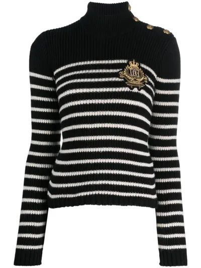 Balmain Striped Sweater With Logo Patch In Multicolor