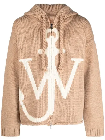 Jw Anderson Logo Wool Knit Zip-up Hoodie In Beige