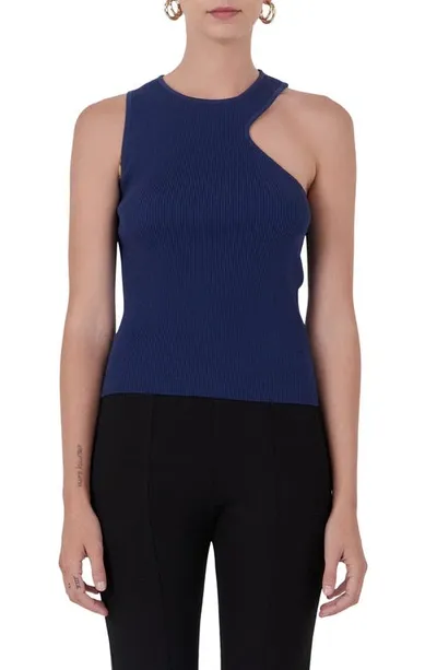 Endless Rose Asymmetric Cutout Rib Knit Tank Top In Navy