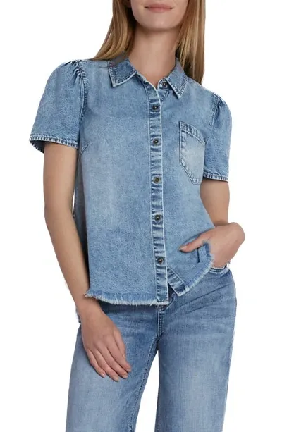 Wash Lab Denim Puff Sleeve Denim Shirt In Denim Bubble