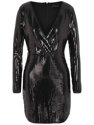 Armani Exchange Sequin-embellished V-neck Minidress In 黑色