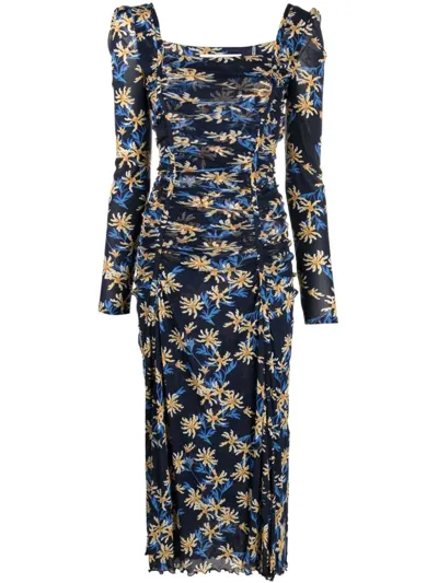 Diane Von Furstenberg Amelie Ruched Floral-print Stretch-chiffon Midi Dress In Blue