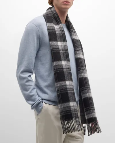 Neiman Marcus Men's Cashmere Plaid Windowpane Scarf In Black/grey