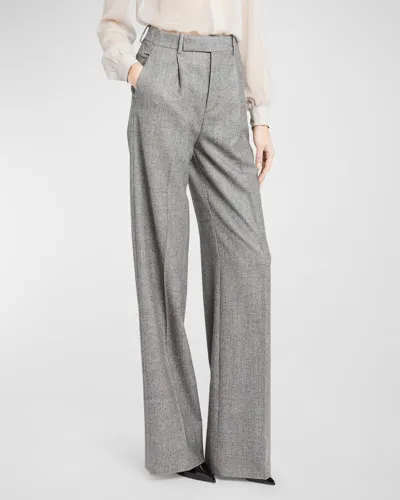 Saint Laurent Wide-leg Micro-check Wool Trousers In Noir Craie