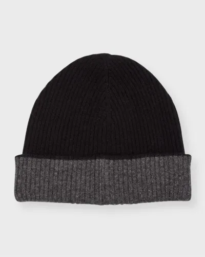 Neiman Marcus Men's Double-face Cashmere Beanie Hat In Black/gray