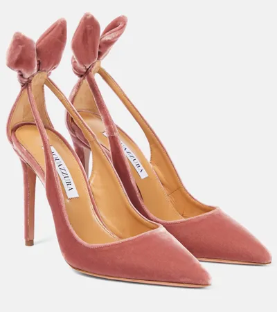 Aquazzura Bow Tie 105 Velvet Pumps In Pink