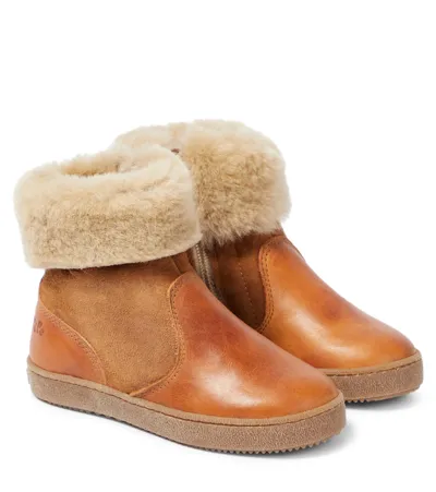 Pèpè Kids' Shearling-trimmed Leather And Suede Ankle Boots In Brown