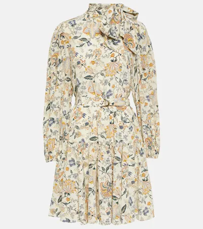 Ulla Johnson Lula Neck-tie Belted Floral Silk Mini Dress In Gardenia