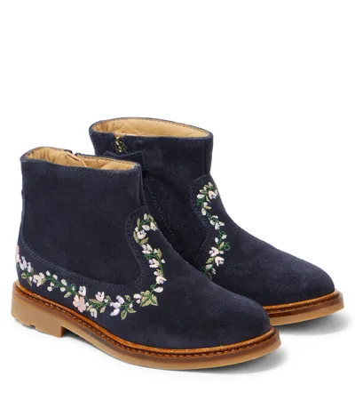 Pom D'api Kids' Sister Brodi Embroidered Suede Boots In Blue