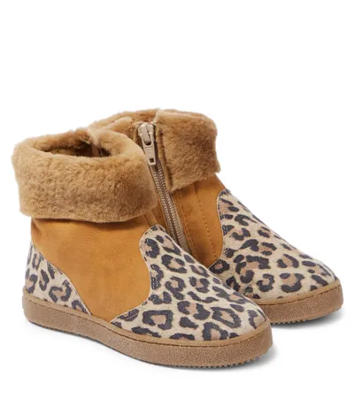 Pèpè Kids' Shearling-trimmed Suede Ankle Boots In Brown