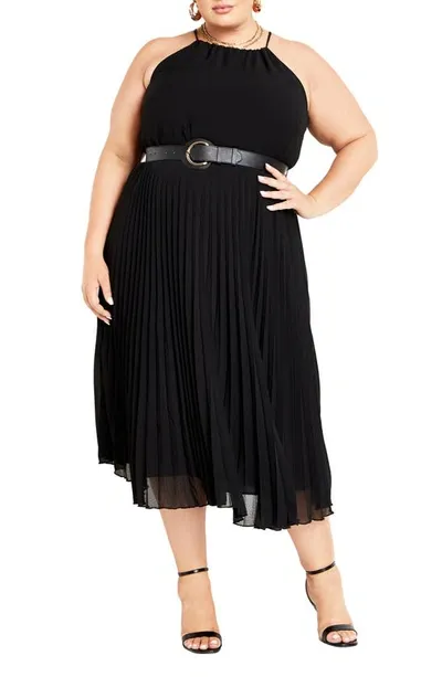 City Chic Pleated Belted A-line Midi Dress In Black