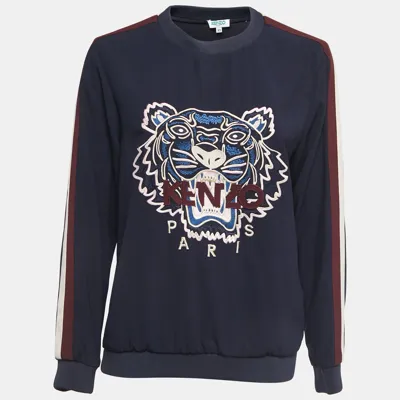 Pre-owned Kenzo Navy Blue Logo Embroidered Crepe Crew Neck Sweatshirt Xs