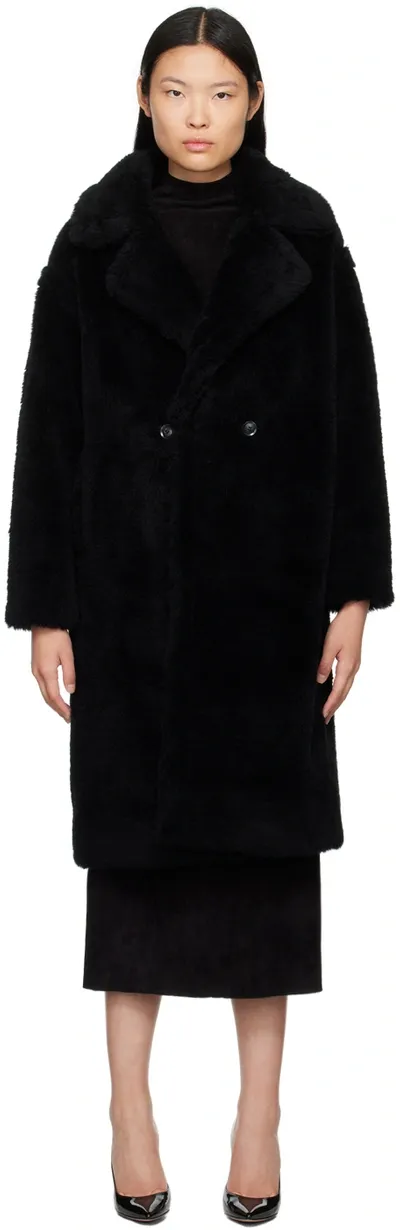 Yves Salomon Black Double-breasted Coat In C99 Noir