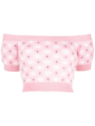 Alessandra Rich Off-shoulder Mohair-blend Checked Top In Pink