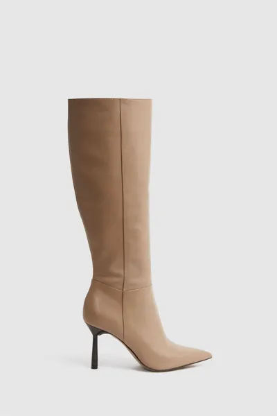 Reiss Camel Leather Knee High Heeled Boots